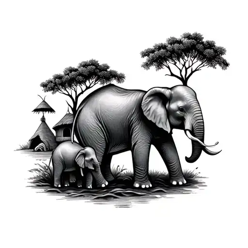 Mother Baby Elephant With Hut And Two Trees In Back Ground
