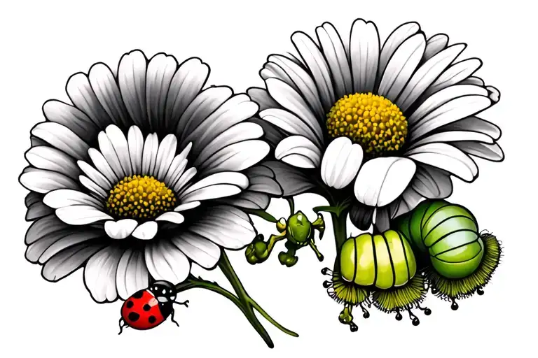 Sweet Pea Flower With Lady Bug And White Daisy With Green Caterpillar