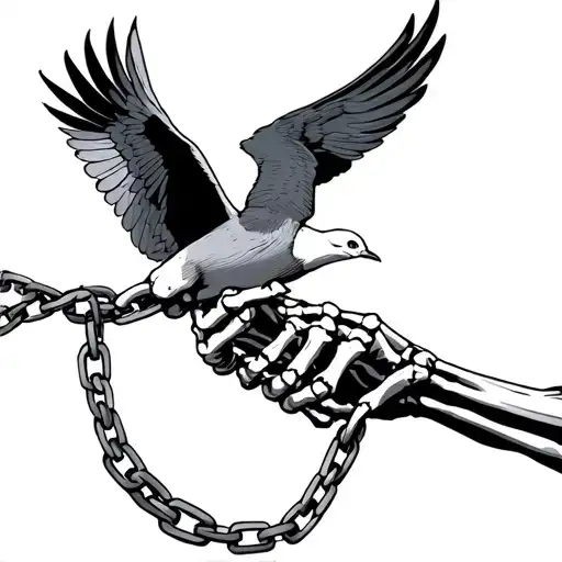 Skeleton Hand Holding Tightly To A Metal Chain Thats Wraped Around The Neck Of A Flying Dove