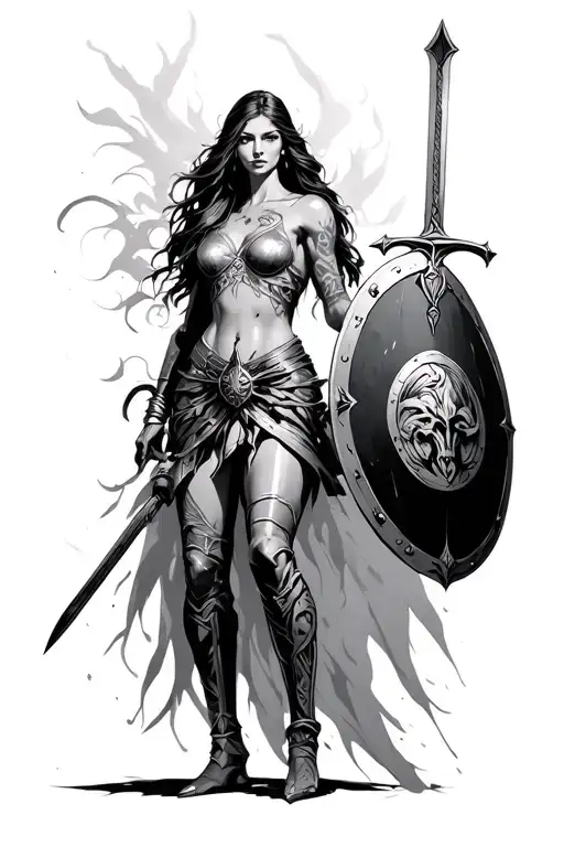 Woman Warrior Holding Sheild And Sword Emerging