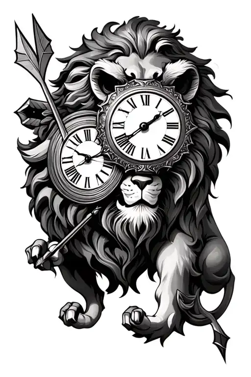 Lion And Roman Clock Hands With A Arrow Going Vertical