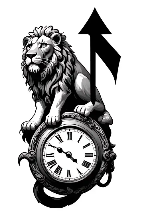 Lion And Roman Clock Hands With A Arrow Going Vertical