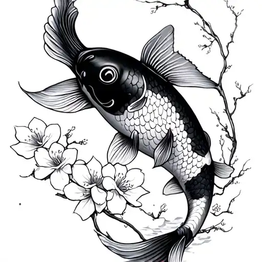 Koi Fish With Cherry Blossoms