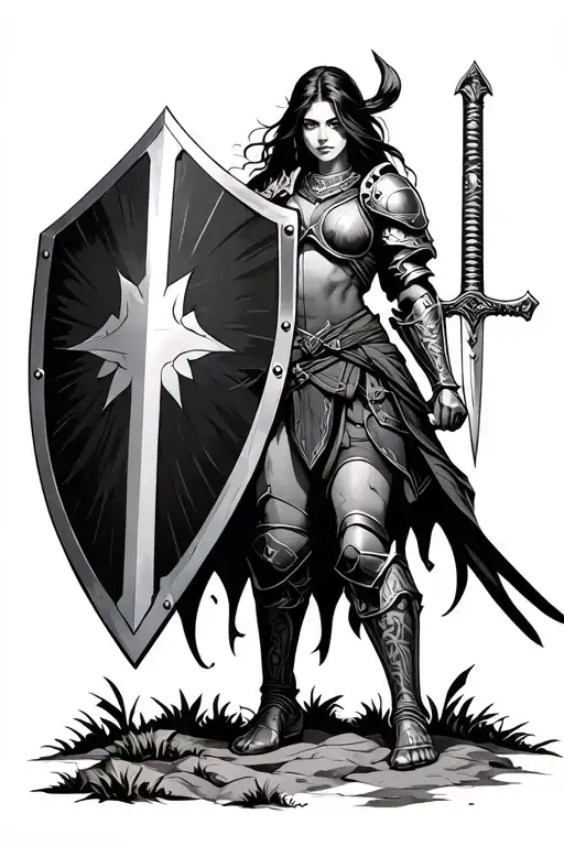 Woman Warrior Holding Sheild And Sword In Ground With Head Armour