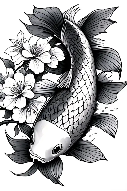 Koi Fish With Cherry Blossoms