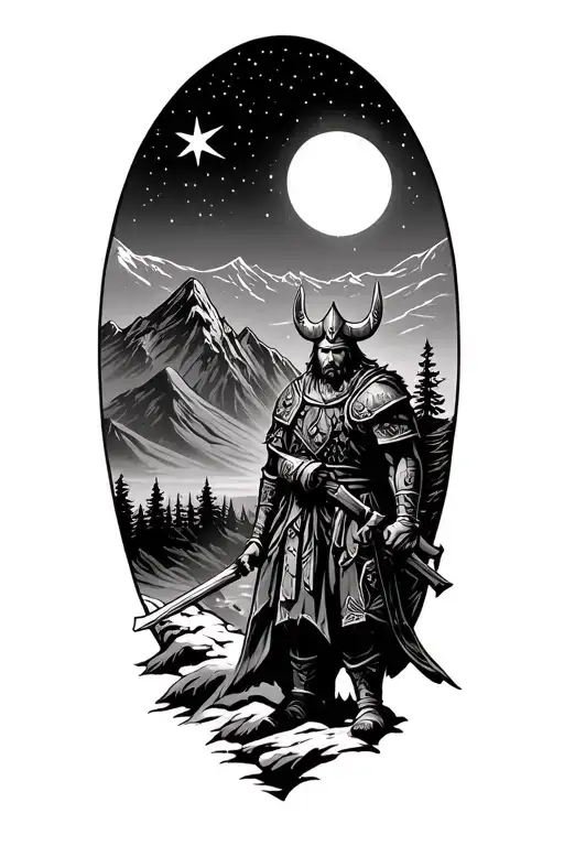 Outdoor Mountain Scene Transitioning To Viking Warrior All Under A Night Sky With Stars And Moon