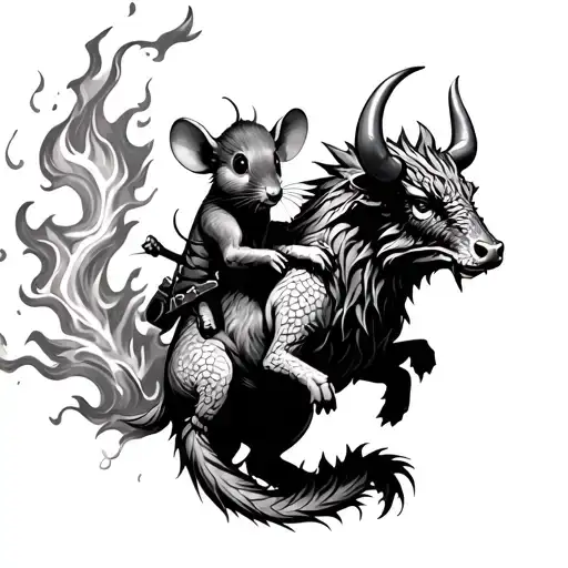 Mouse And An Ox Riding A Dragon Breathing Fire