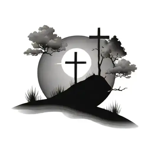 Simple 3 Cross Tatoo On Hill With Tair Way Leading To It