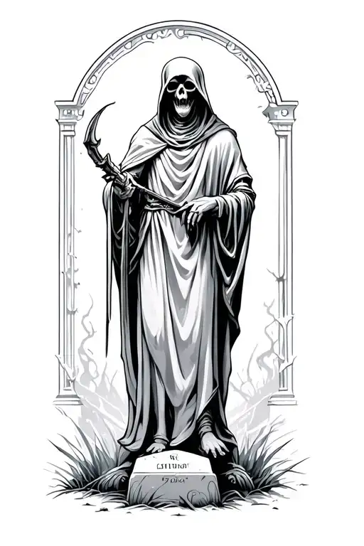 Grim Reaper Standing At Grave Stone