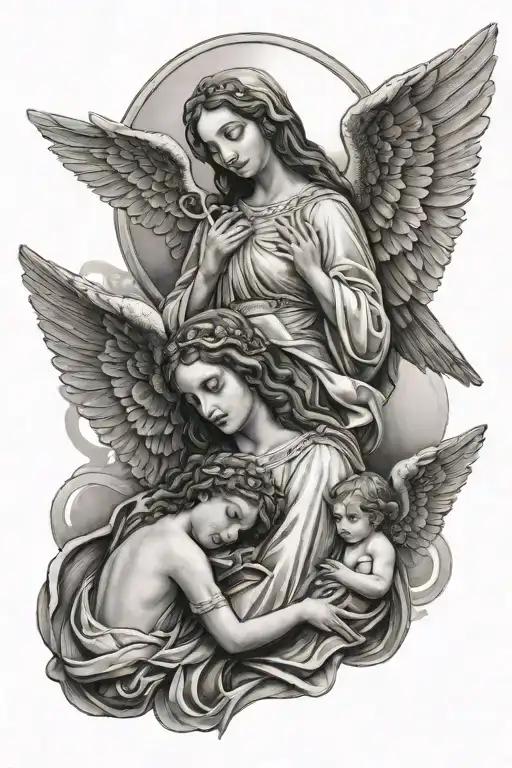 Mary Watching Over 2 Angels