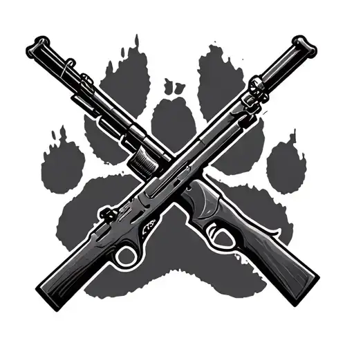 Fishing And Hunting Rifle Intertwined And Dog Paw Print