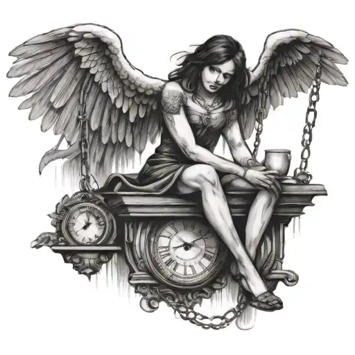 Dark Angel On Swing Hanging From Clock On A Staircase
