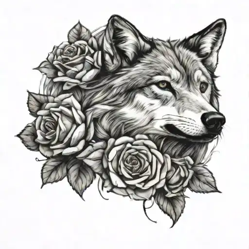 Wolf Face Surrounded By Roses