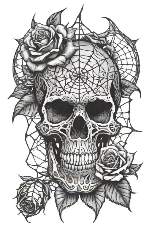 Detailed Spiderweb Patterns Surrounding Skull And Rose