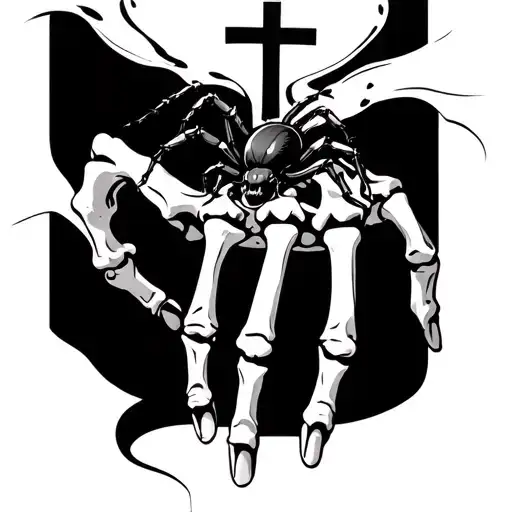 A Skeleton Hand With A Black Widow Crawling On Top With A Cross Somewhere Hidden In