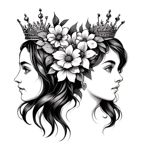Auntie And Niece Faces With Flowers And Crowns Symbolizing Royalty And Leadership