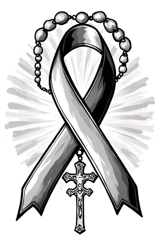 Breast Cancer Ribbon With Rosary Wrapping Around And Cross Hanging Of The End