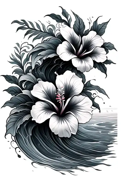 Ocean Waves And Hibiscus Flowers