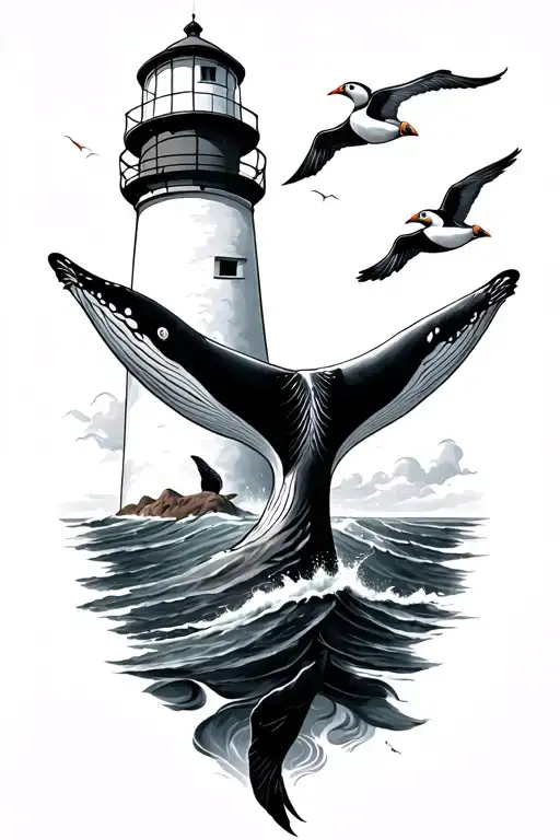 Lighthouse Whale Tail And Puffins Soaring