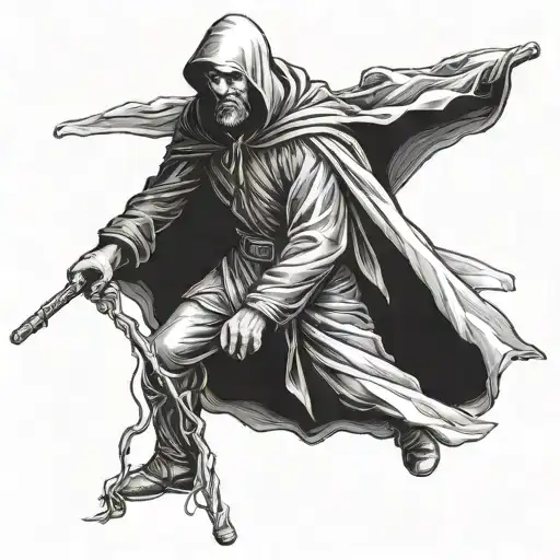 Man In A Black Cape Holding Walking Stick