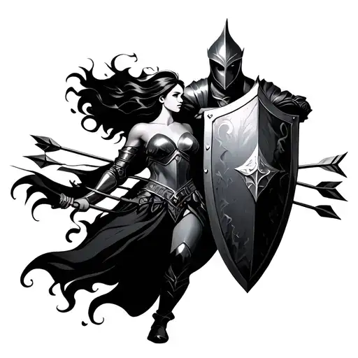 The Knight With Shield Protecting Lady From Arrows