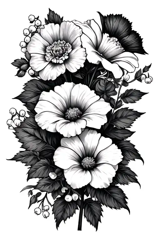 2 Carnations 1 Daffodil 2 Daisy 1 Hawthorn 2 Lily Of The Valley 1 Rose 1 Morning Glory Add Vines