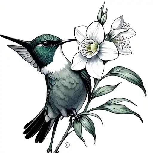 Minimalist Hummingbird Holding Daffodil Larkspur