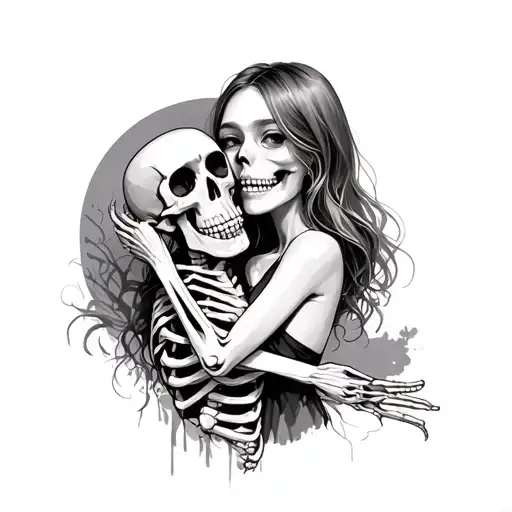 Beautiful Girl Hugging A Skeleton