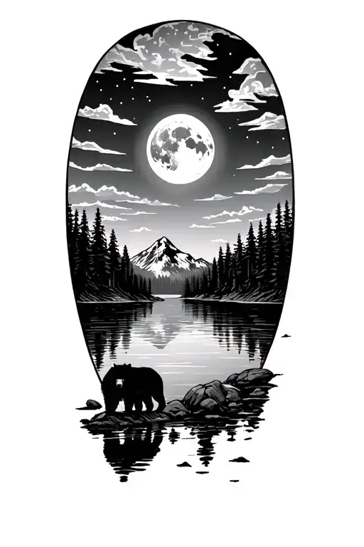 Mountain Outdoor With Lake And Bear Silhouette Under A Night Moon Filled Sky