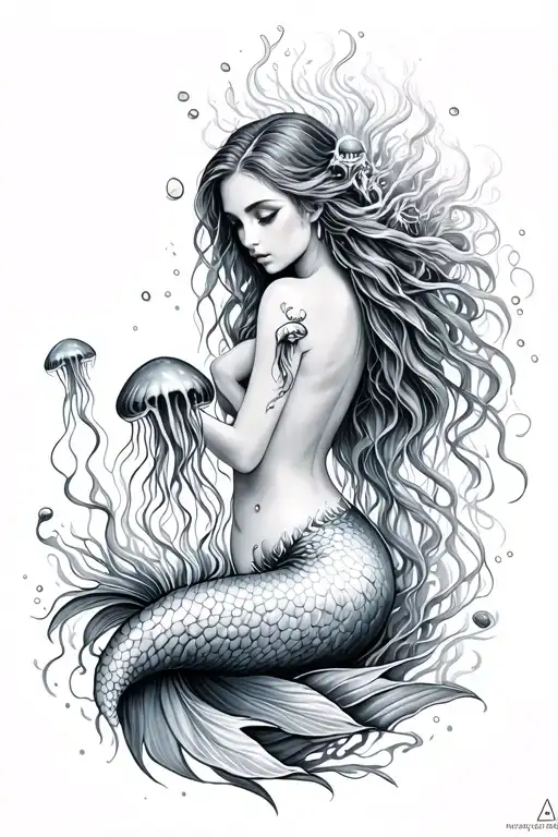 Gory Underwater Tattoo With Mermaid And Jellyfish