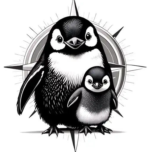 Simplistic Mum And Baby Penguin Standing In A Compass