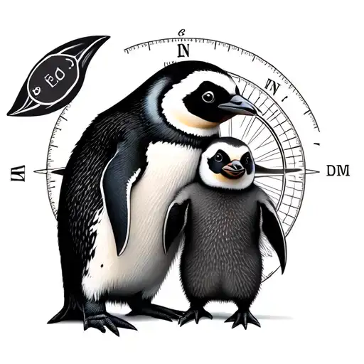 Realistic Mum And Baby Penguin Standing In A Compass