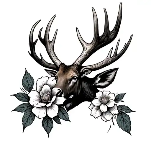 Moose Antler With Flower Tattoo Drwwing