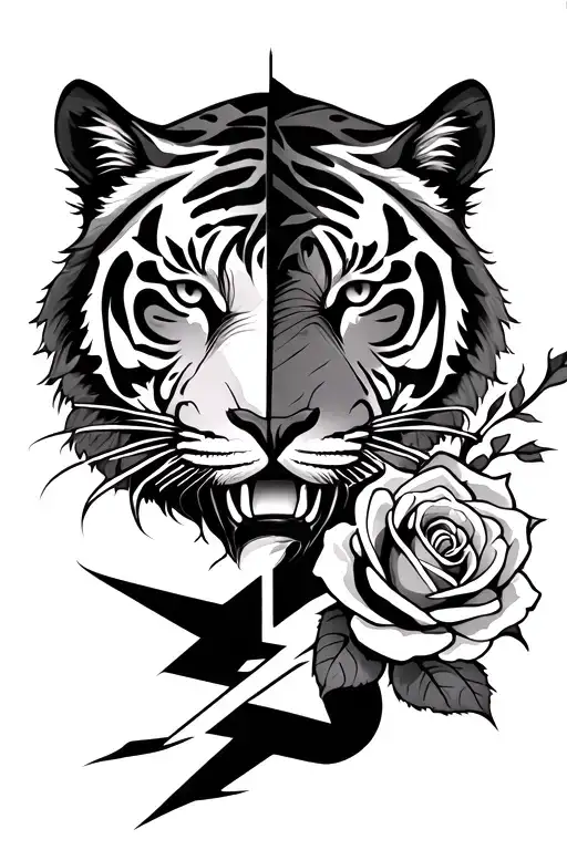 Roses With Half Tiger Face Tribal Lightning Bolt Intertwined