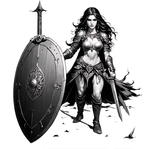 Warrior Woman Holding A Shield And A Sword Piercing In The Ground