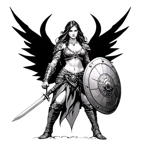 Warrior Woman Holding A Shield And A Sword Piercing In The Ground