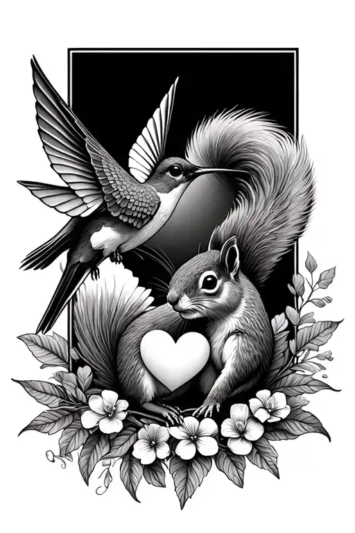 Humming Bird And Squirrel With A Heart Fine Lines