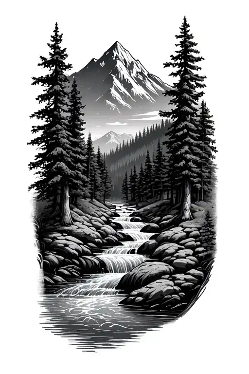 Forest With River Flowing And Mountain In Background