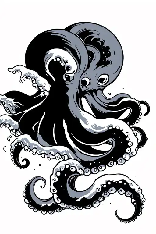 Japanese Wood Block Style Octopus With Wave Crashing
