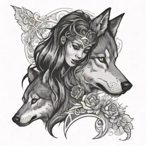 Girl And Wolf Head Surrounded