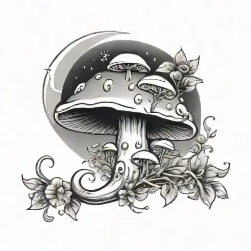 Mushroom With A Crescent Moon And Vines With Flowers