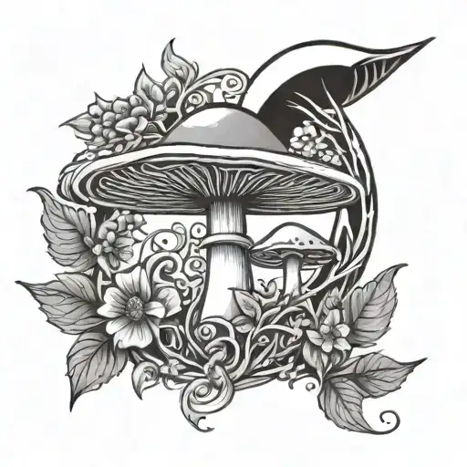 Mushroom With A Crescent Moon In Background And Vines With Flowers