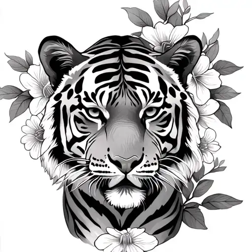 Tiger Crawling And Flowers Feminine And Dainty