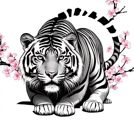 Tiger Crawling Full Body And Cherry Blossoms And Flowers Feminine And Dainty