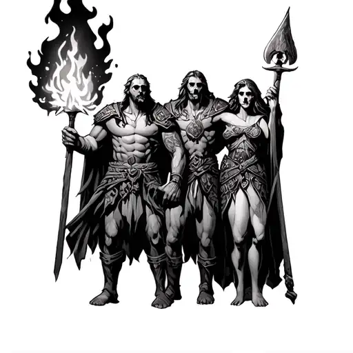 Prometheus Holding Fire Next To A Viking Warrior Man And Woman With Skulls