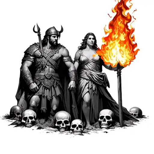 Prometheus Holding Fire Next To A Viking Warrior Man And Swedish Woman With Skulls On The Ground