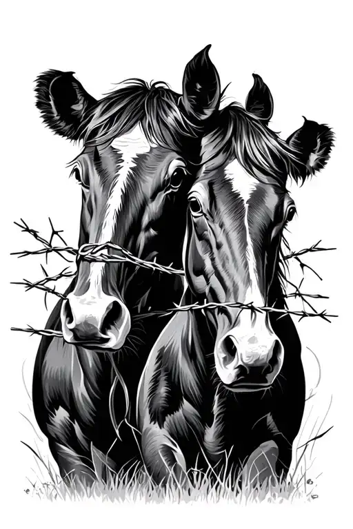 Cross And Barbed Wire Cows And Horses Bow Their Heads