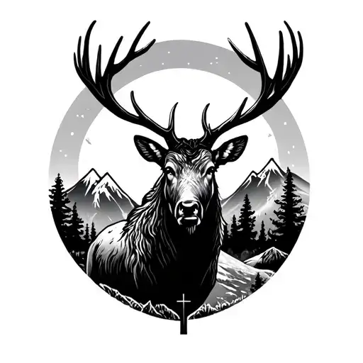 Elk With Mountains And Cross