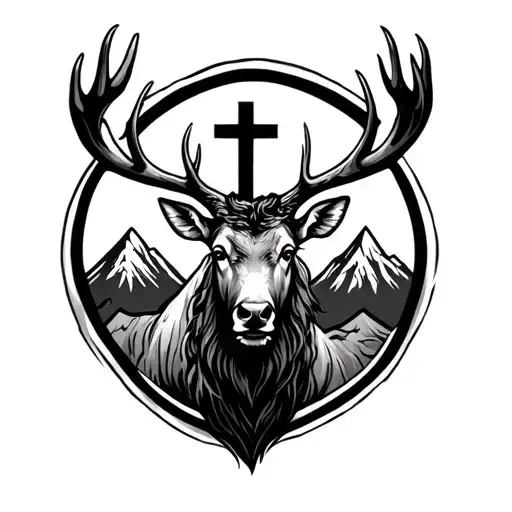 Elk With Mountains And Cross