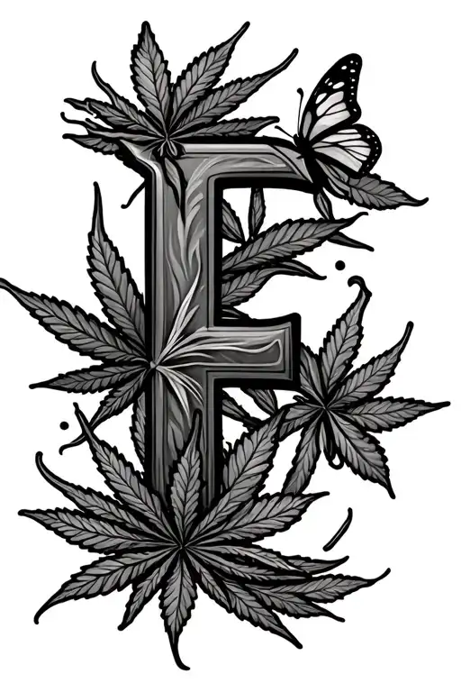 The Letter E With Marijuana Leaves And Butterflies